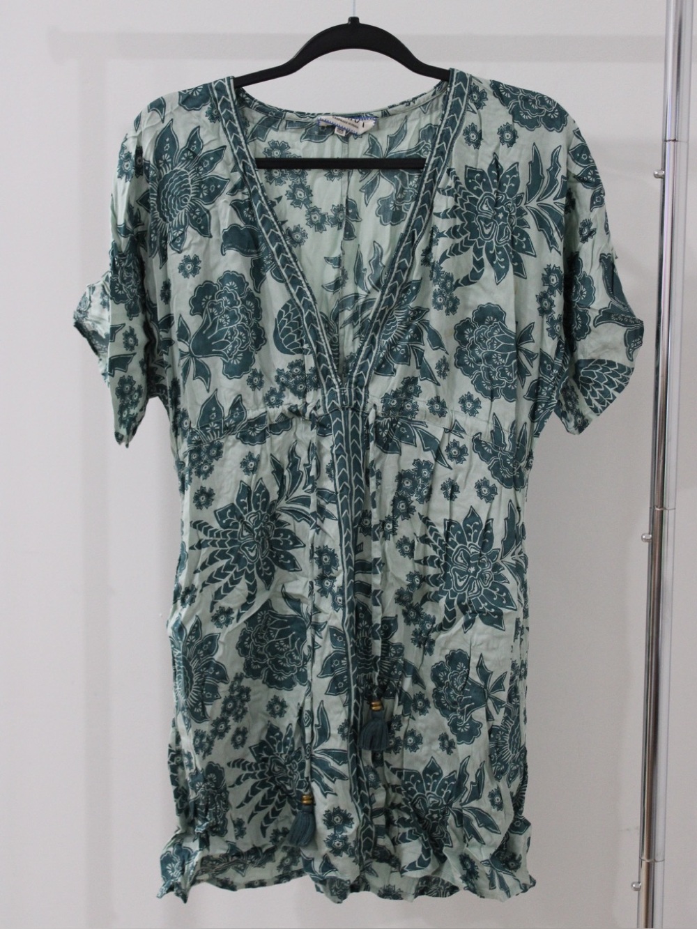 Omika Teal Floral V-Neck Tunic with Tassel Ties